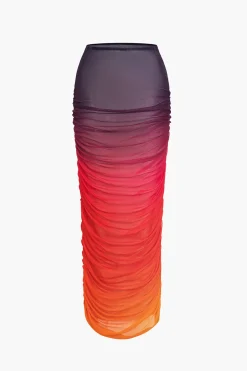 Ombre Print Ruched Maxi Skirt