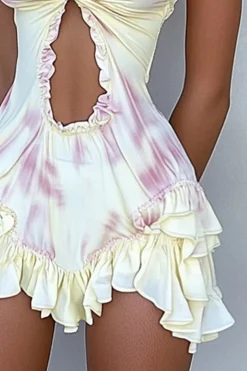 Ombre Print Ruffle Halter Cut Out Mini Dress