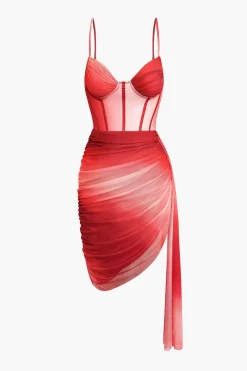 Ombre Ruched Mesh Bustier Slip Mini Dress