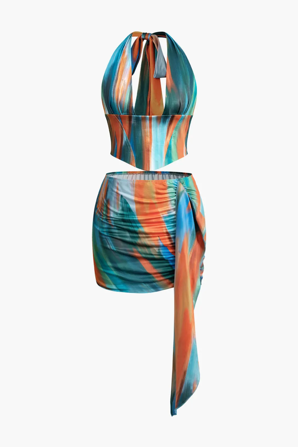 Ombre Tie Halter Tank Top And Mini Skirt Set
