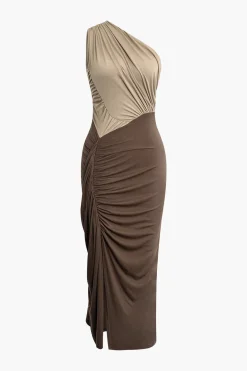 One Shouder Patchwork Ruched Slit Maxi Dress