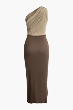 One Shouder Patchwork Ruched Slit Maxi Dress