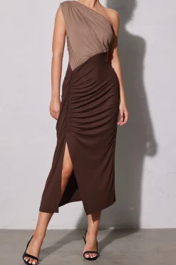 One Shouder Patchwork Ruched Slit Maxi Dress