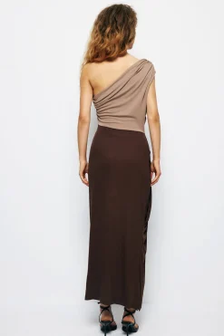 One Shouder Patchwork Ruched Slit Maxi Dress