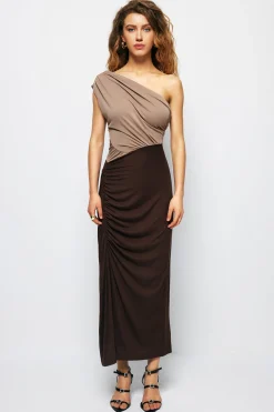 One Shouder Patchwork Ruched Slit Maxi Dress