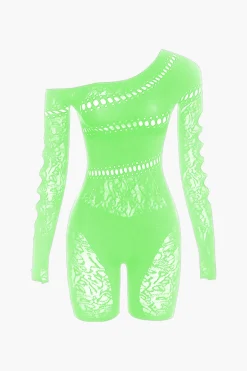 One Shoulder Cut Out Lace Romper