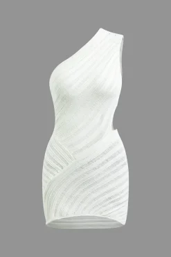 One Shoulder Cut Out Stripe Pattern Knit Mini Dress