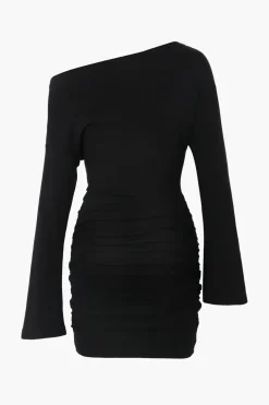One Shoulder Flared Sleeve Ruched Wrap Mini Dress