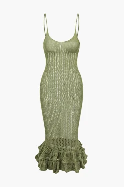 Open Knit Ruffle Hem Cami Midi Dress