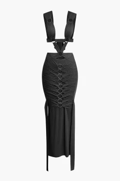 O-Ring Cut Out Ruched Maxi Dress