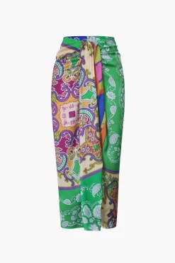 Paisley Print Ruched Midi Skirt