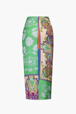 Paisley Print Ruched Midi Skirt
