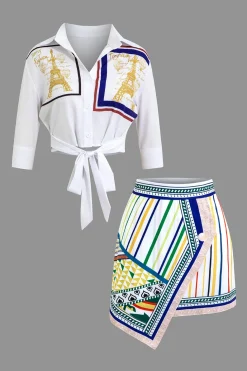 Paris Print Tie Front Crop Top And Geometric Skirt Set