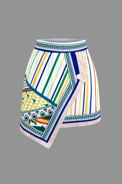 Paris Print Tie Front Crop Top And Geometric Skirt Set