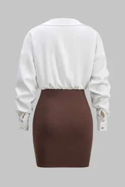 Patchwork Button Detail Long Sleeve Mini Dress