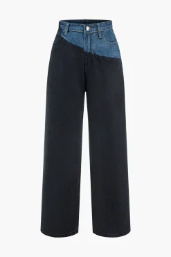 Patchwork Denim Color Block Zipper Jeans