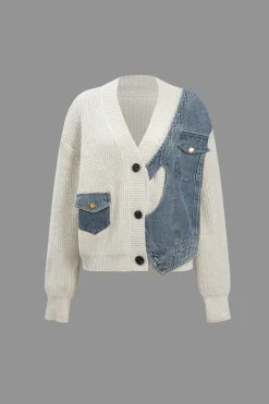 Patchwork Denim Knit Color Block Button Asymmetrical Pocket Cardigan