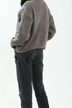 Patchwork Denim Knit Color Block Button Asymmetrical Pocket Cardigan