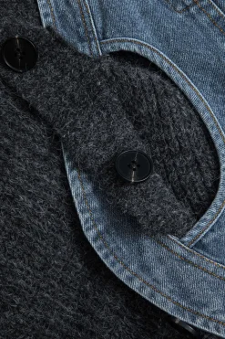 Patchwork Denim Knit Color Block Button Asymmetrical Pocket Cardigan