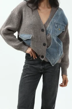 Patchwork Denim Knit Color Block Button Asymmetrical Pocket Cardigan