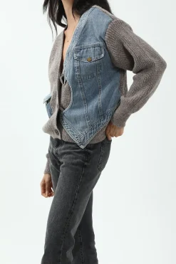 Patchwork Denim Knit Color Block Button Asymmetrical Pocket Cardigan