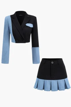 Patchwork Denim Notched Lapel Blazer And Skirt Set