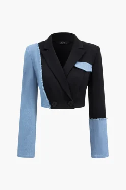 Patchwork Denim Notched Lapel Blazer And Skirt Set