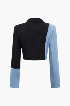 Patchwork Denim Notched Lapel Blazer And Skirt Set