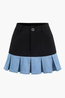 Patchwork Denim Notched Lapel Blazer And Skirt Set