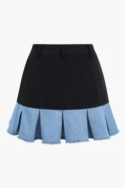 Patchwork Denim Notched Lapel Blazer And Skirt Set