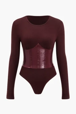 Patchwork Faux Leather Long Sleeve Bodysuit
