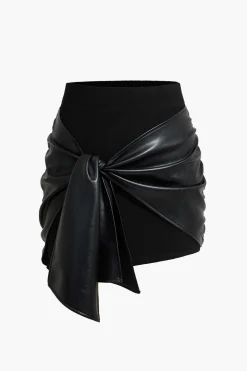 Patchwork Faux Leather Tie Front Mini Skirt