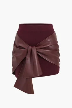 Patchwork Faux Leather Tie Front Mini Skirt