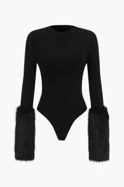 Patchwork Fur Long Sleeve Bodysuit