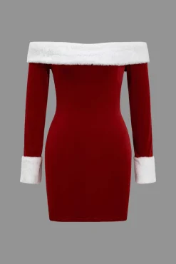 Patchwork Fur Off Shoulder Long Sleeve Mini Dress