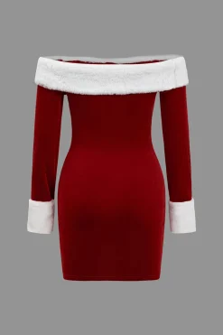 Patchwork Fur Off Shoulder Long Sleeve Mini Dress