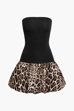 Patchwork Leopard Print Puffy Strapless Mini Dress