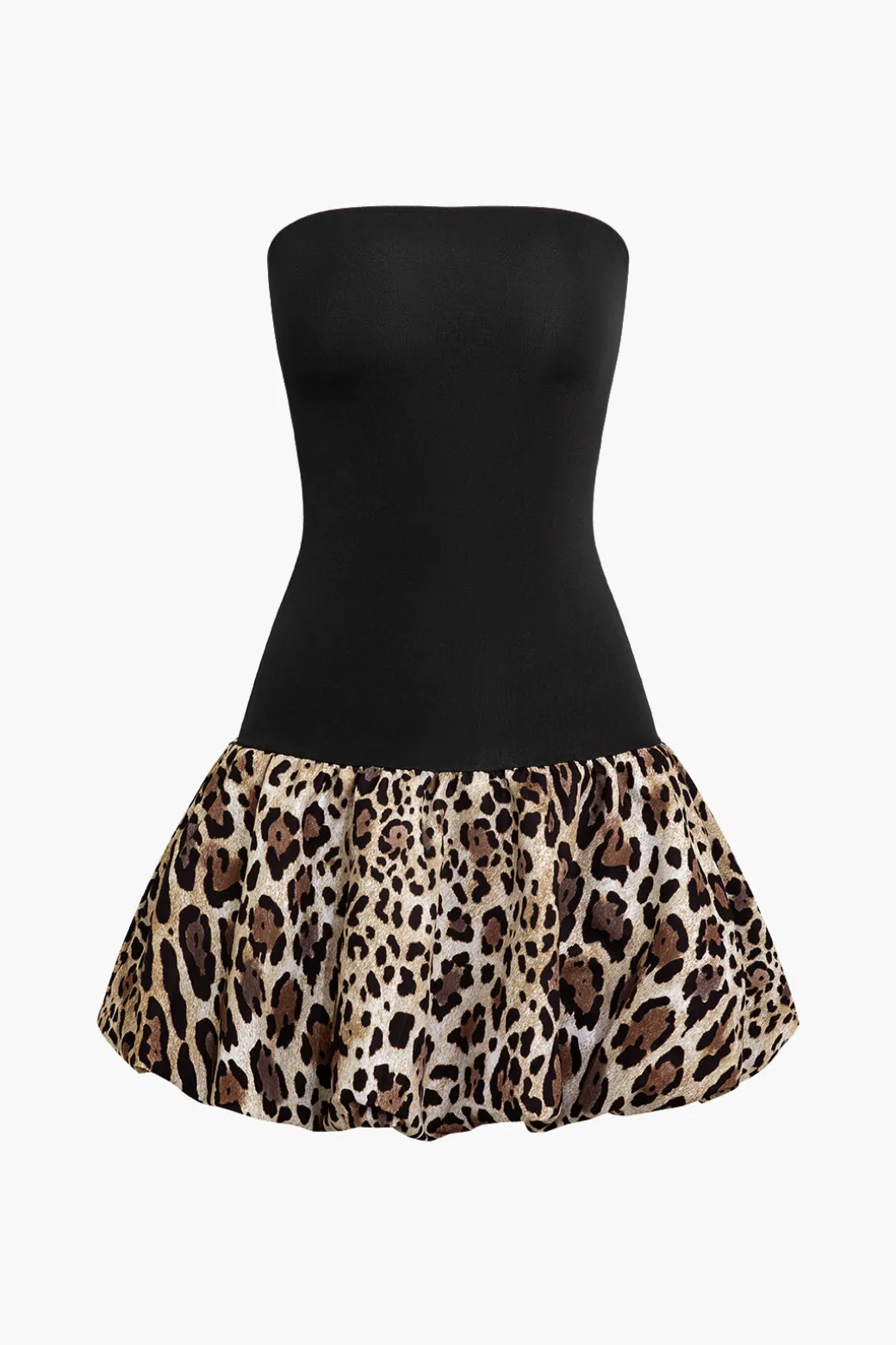 Patchwork Leopard Print Puffy Strapless Mini Dress