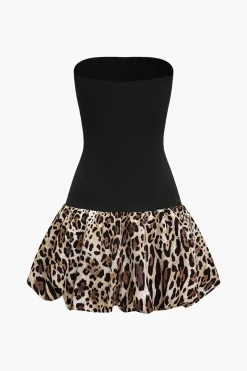 Patchwork Leopard Print Puffy Strapless Mini Dress