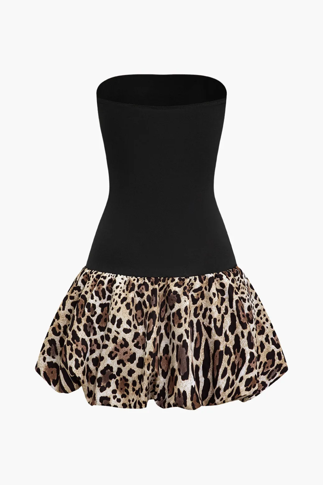 Patchwork Leopard Print Puffy Strapless Mini Dress