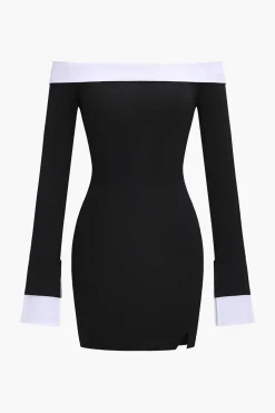 Patchwork Long Sleeve Off Shoulder Mini Dress