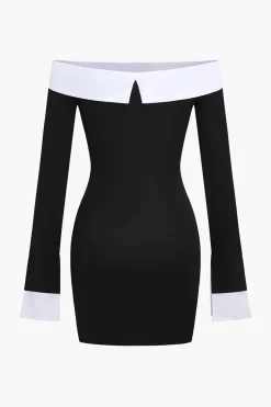 Patchwork Long Sleeve Off Shoulder Mini Dress