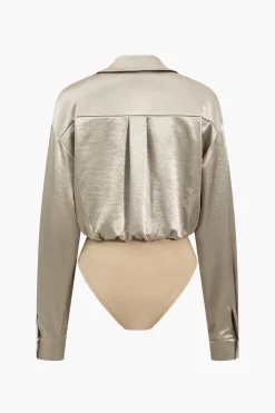 Patchwork Long Sleeve Satin Bodysuit