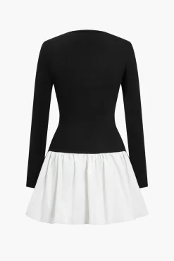 Patchwork Long-Sleeve Mini Dress