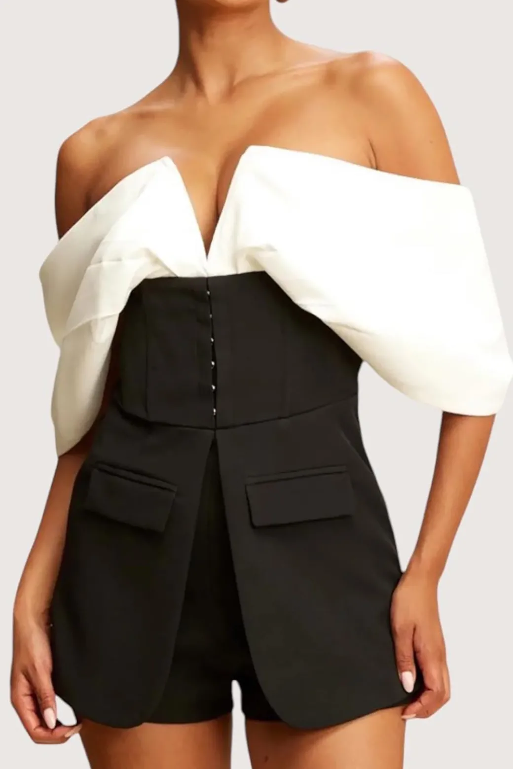Patchwork Off Shoulder V-Shaped Romper