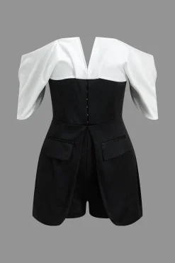 Patchwork Off Shoulder V-Shaped Romper