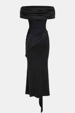 Patchwork Off-Shoulder Draped Bow Detail Maxi Dress