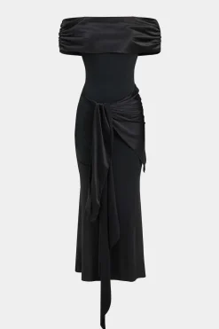 Patchwork Off-Shoulder Draped Bow Detail Maxi Dress