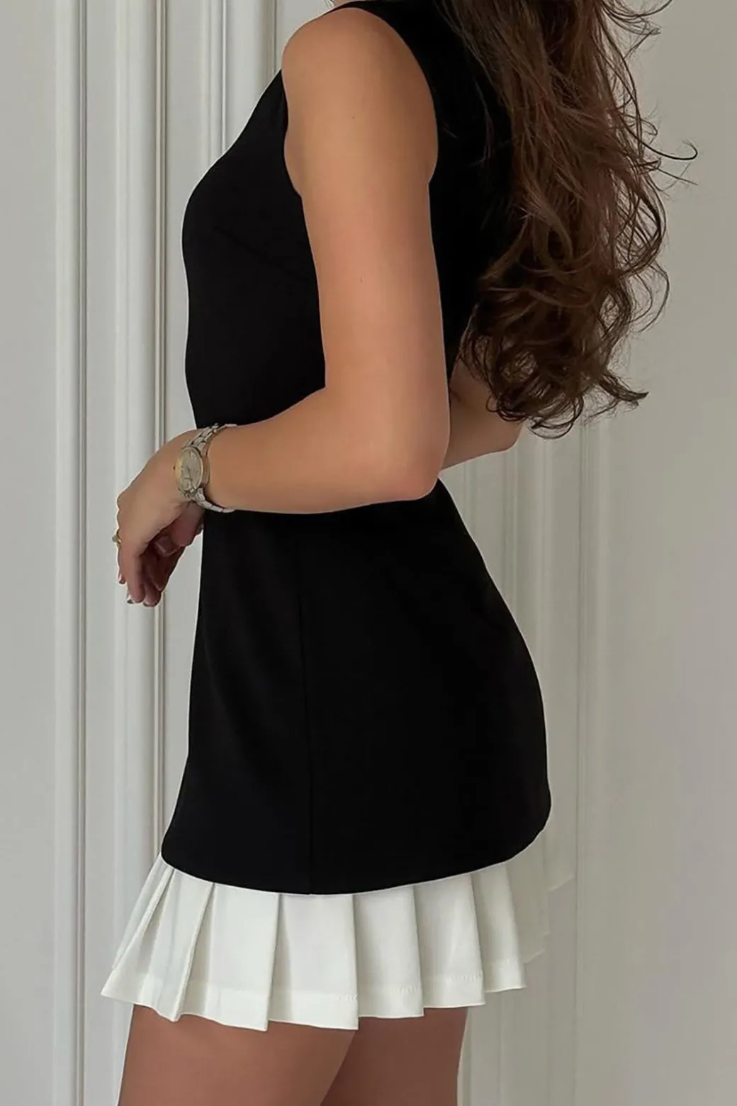 Patchwork Pleated Hem Tank Mini Dress