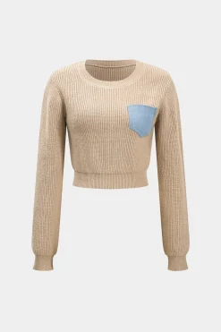 Patchwork Pocket Sweater Long-Sleeve Top